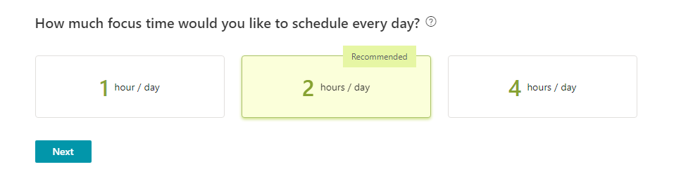Screenshot of scheduling focus time through Microsoft Insights