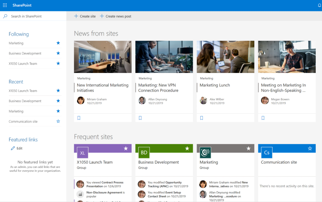 Image of the SharePoint dashboard